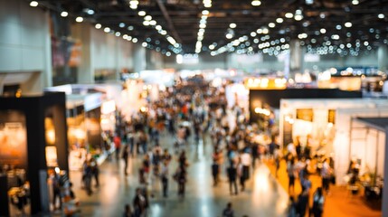Obraz premium Blurred of Trade fair expo trade show booth international business convention event showcase center with large scale crowd of people gathering to see product and service display. High quality