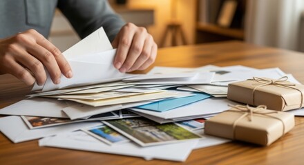 Person sorting mail and postcards, mail scattered across wooden desk, hands opening envelope. Assorted mail on surface includes postcards and wrapped gifts, indicative of letter sorting.