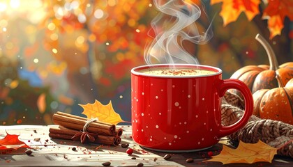 Coffee mug with polka dots and cinnamon steam rising.