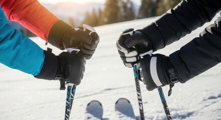 Skiing hands holding ski poles on snow during winter season. Skiing hands wearing gloves and holding poles symbolize teamwork and outdoor adventure, sharing excitement in snowy scenery.