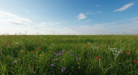 A lush green meadow filled with wildflowers under a blue sky