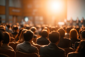 Rear view of Audience listening Speakers on the stage in the conference hall or seminar meeting, business and education about investment concept. High quality
