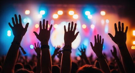 Crowd at concert with raised hands and bright stage lights capturing music event. Live performance atmosphere showcases enthusiasm, creating energetic spectacle.