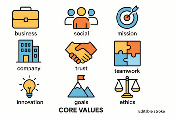 Collection of icons representing core business values and concepts
