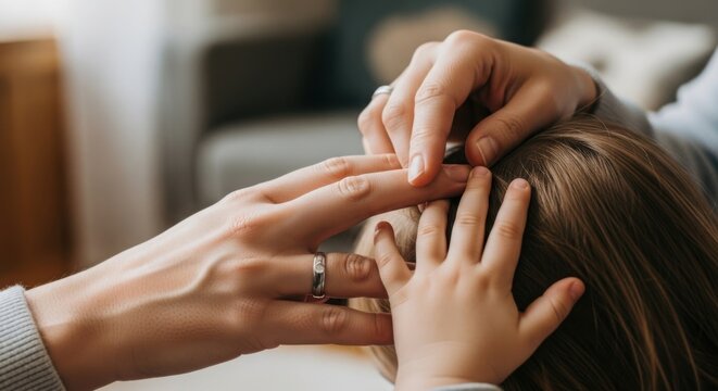 Mother combing hair, gentle bonding experience between a parent and child at home. Combing hair soothes and relaxes toddler, creating connection, trust, and love, important for baby’s development.