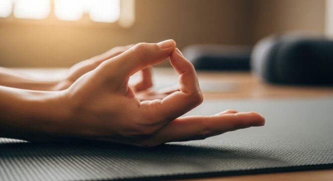 Hand in Gyan Mudra, a meditative gesture of knowledge and wisdom. Hand position creates Gyan Mudra, a symbolic expression that promotes calm and focus, reduces stress,