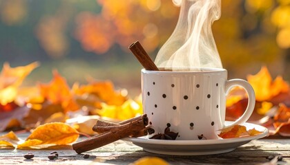 Coffee mug with polka dots and cinnamon steam rising.