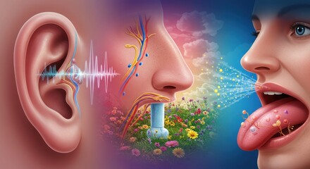 Auditory olfactory and gustatory senses depicted with scientific and natural elements