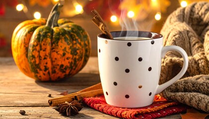Coffee mug with polka dots and cinnamon steam rising, cozy Thanksgiving feel.