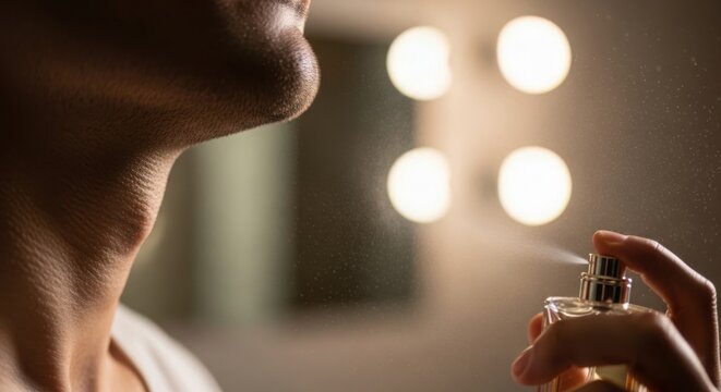 Man spraying cologne near neck with reflection lights in background, cologne spray creating aromatic mist around him. Cologne is part of grooming routine for men,
