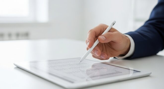 Person writing on tablet with stylus, completing digital form in modern office. Electronic signature on tablet for efficiency and streamlined workflow, - Powered by Adobe
