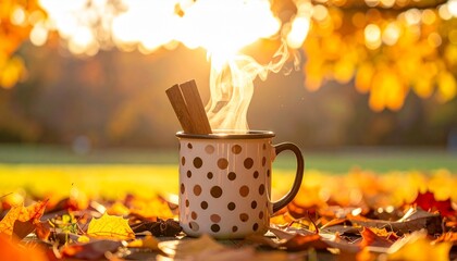 Coffee mug with polka dots and cinnamon steam rising, cozy Thanksgiving feel.