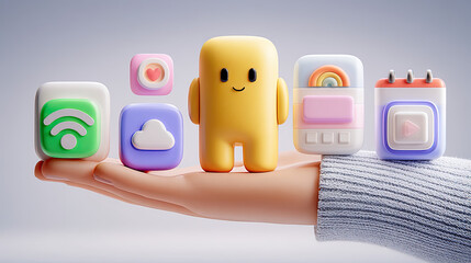 Hand holding colorful app icons with playful 3D design. AI-generated