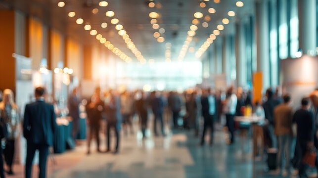 Industry Conference Blur: An industry conference with professionals and exhibitors, blurred to highlight sector-specific insights and networking opportunities. High quality