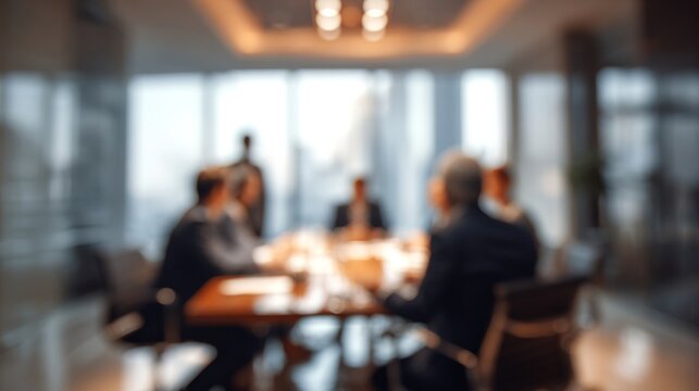 Business Roundtable Blur: A business roundtable setup with executives and round table discussion, softly blurred to emphasize strategic planning and collaborative decision-making. High quality