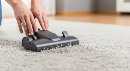 Fototapeta premium Cleaning carpet with modern vacuum cleaner, removing dirt and dust. Cleaning carpet is essential for maintaining hygiene in home.