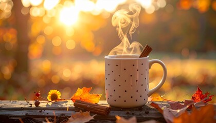 Coffee mug with polka dots and cinnamon steam rising, cozy Thanksgiving feel.
