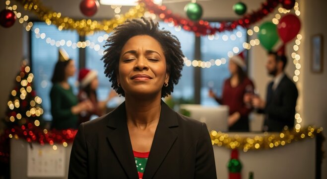 Celebrating Diversity: Black Woman Enjoying Holiday Office Party Atmosphere with Colleagues