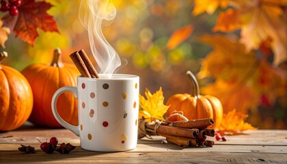 Coffee mug with polka dots and cinnamon steam rising, cozy Thanksgiving feel.