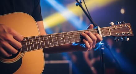 Obraz premium Playing guitar strings while giving concert on stage under blue lights, musical instrument is in focus. Playing guitar creates melody, harmonious tones, and positive emotions for listener.
