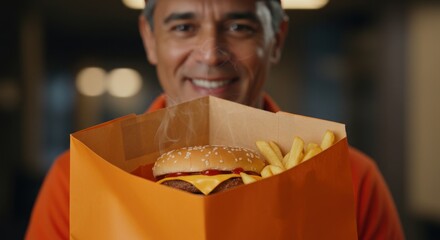 Burger and fries in an orange bag held by a smiling man