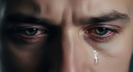 Fototapeta premium Extreme close up of emotional tears falling from man's eyes, face expressing sadness and grief. Tear conveys human expression, conveying pain, suffering, and sorrow with tearful eyes.