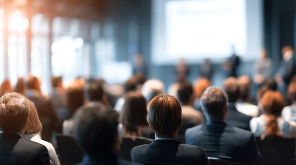 Audience Watching Business Presentation - An audience watching a business presentation, with the background blurred. High quality