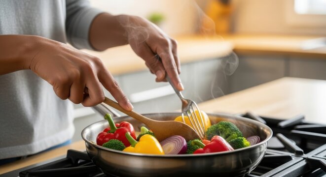 Cooking vegetables in a pan offers vibrant colors and wholesome ingredients. Cooking vegetables on stove highlights healthy eating and dietary fiber, showcasing bell pepper, broccoli, and onion,