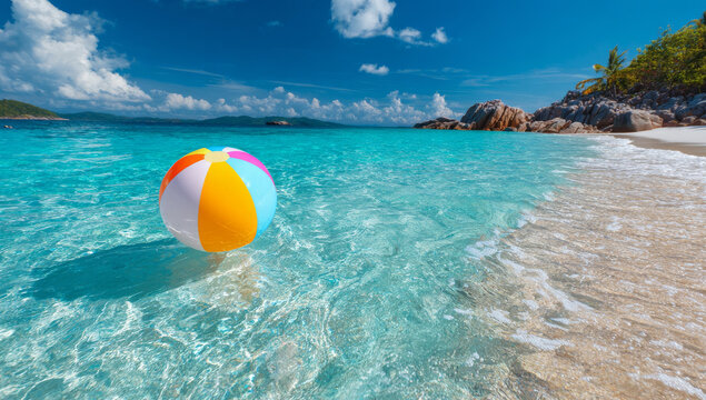 Colorful beach ball floating on clear turquoise water at tropical beach, creating vibrant and joyful atmosphere