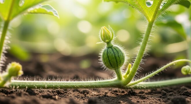 Young watermelon plant growing in garden. Young watermelon plant on vine, close-up shot reveals tiny melon and hairy stem in soft sunlight, highlighting healthy development.