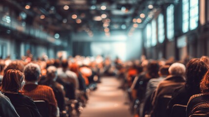 Conference Audience Blur: A blurred background of an audience at a conference or seminar, with rows of seats and people listening attentively. High quality