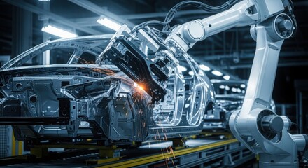 Automotive manufacturing using robotic arm during car body assembly line, automotive manufacturing with advanced technology.