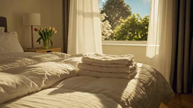 Dormitorio ordenado y renovado despu&eacute;s de la limpieza de primavera, con ropa de cama doblada, ventana abierta y luz suave que crea un espacio tranquilo
