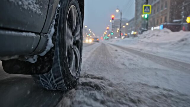Close-up of car wheel driving through slushy snow during a typical winter day.