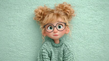 Cute Animated Character with Blonde Hair and Glasses in Cozy Sweater - Digital Illustration of Adorable Child Portrait in Cartoon Style with Colorful Background