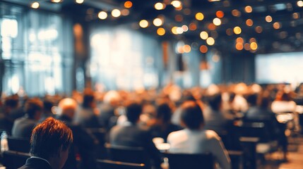 Conference Audience Blur: A blurred background of an audience at a conference or seminar, with rows of seats and people listening attentively. High quality