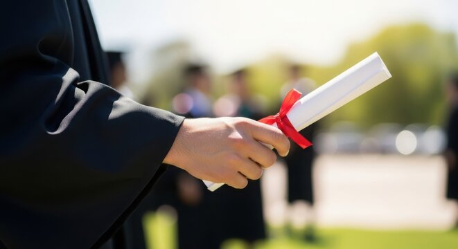 Graduation ceremony with graduate holding diploma tied with red ribbon. Graduation event includes successful student with achievement document, showcasing academic success.