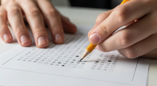 Filling out exam with pencil on exam paper demonstrates focus. Completing form requires precise attention. Exam form tests knowledge of subjects and is important academic assessment.