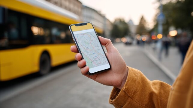A young adult male, of Asian descent, navigates a city using a smartphone map while waiting at a bus stop. - Powered by Adobe