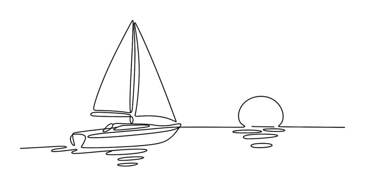 Continuous line drawing of a sailboat on calm water with a setting sun and its reflection, symbolizing peace, freedom, and a serene journey at sea. Vector