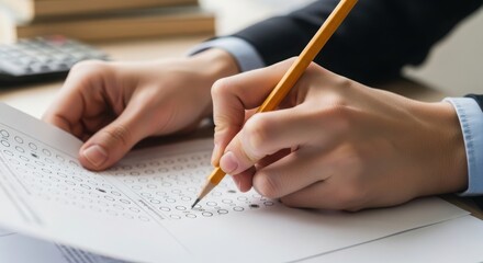 Filling out exam paper with pencil, person answers questions on form. Filling out exam paper requires focus for test, exam, or questionnaire. Concept filling out exam paper for recruitment.