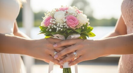 Wedding flowers held by two women, creating a wedding flowers centerpiece of white and pink roses with baby's breath. Wedding flowers represent love and commitment, ideal for wedding announcements.