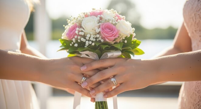 Wedding flowers held by two women, creating a wedding flowers centerpiece of white and pink roses with baby's breath. Wedding flowers represent love and commitment, ideal for wedding announcements.