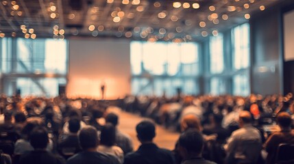Keynote Speech Blur: A blurred background of a keynote speech or presentation in a conference hall, with the speaker on stage. High quality