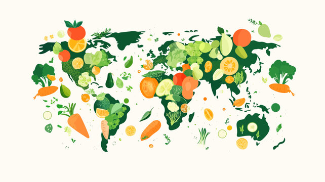 A vibrant, flat design vector banner showing a world map covered in various vegetables and fruits, symbolizing global adoption of plant-based eating for World Vegan Day. - Powered by Adobe
