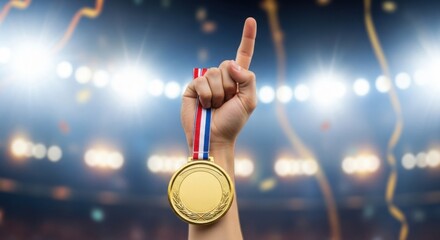 Holding gold medal in victory gesture with finger raised. Celebrating with gold medal represents achievement and triumph, symbolizing success in competition.