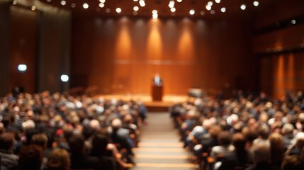 Keynote Speech Blur: A blurred background of a keynote speech or presentation in a conference hall, with the speaker on stage. High quality