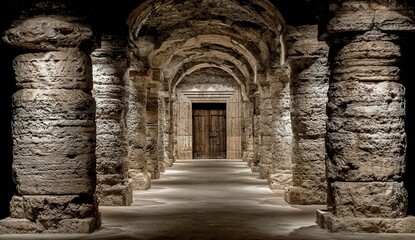 Long, narrow hallway with stone pillars and a wooden door. The hallway is dark and empty, giving it a sense of mystery