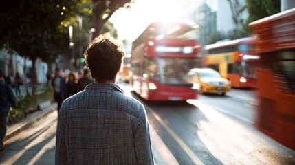 A young man walks down a busy street as vibrant buses zoom by, capturing the city’s dynamic energy in soft sunlight.