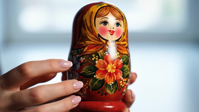 Close Up of Hand Holding a Colorful Russian Matryoshka Doll